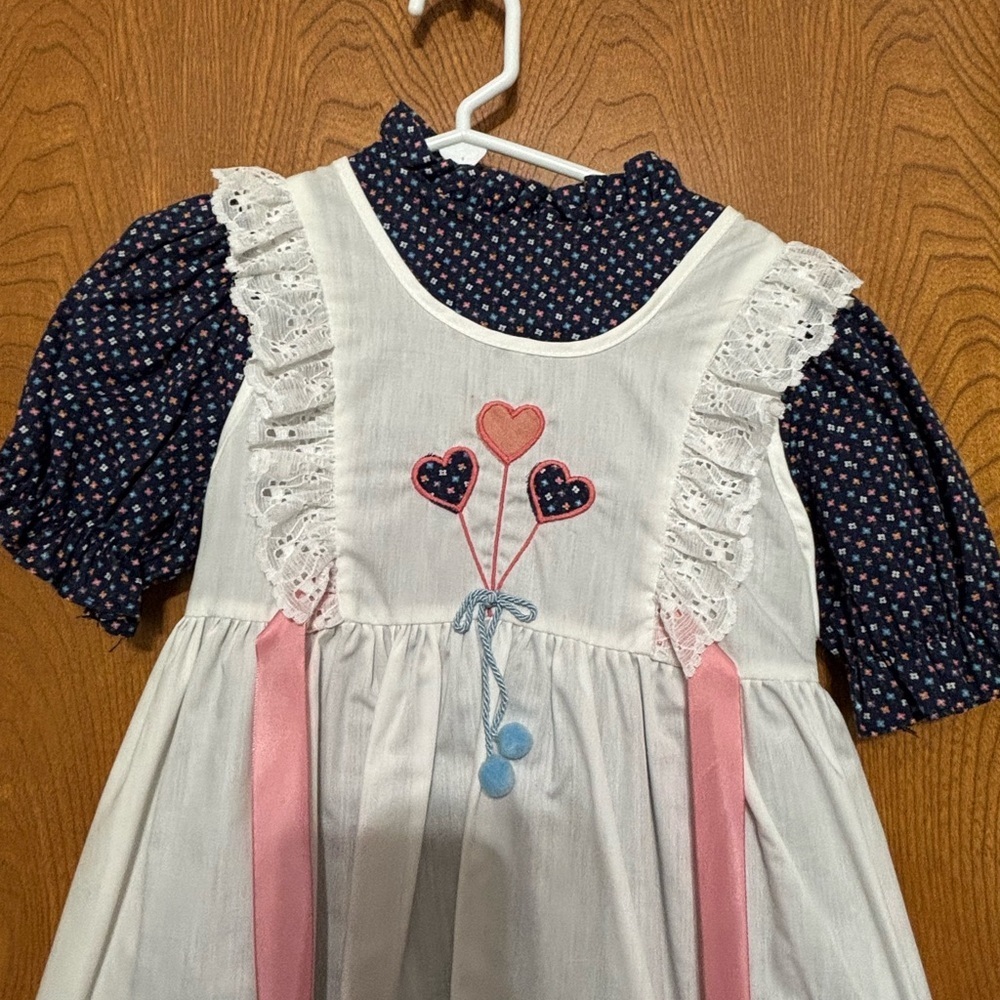 Vintage White and Pink Embroidered Pinafore & Dress with Blue Polka Dots - Picture 3 of 3
